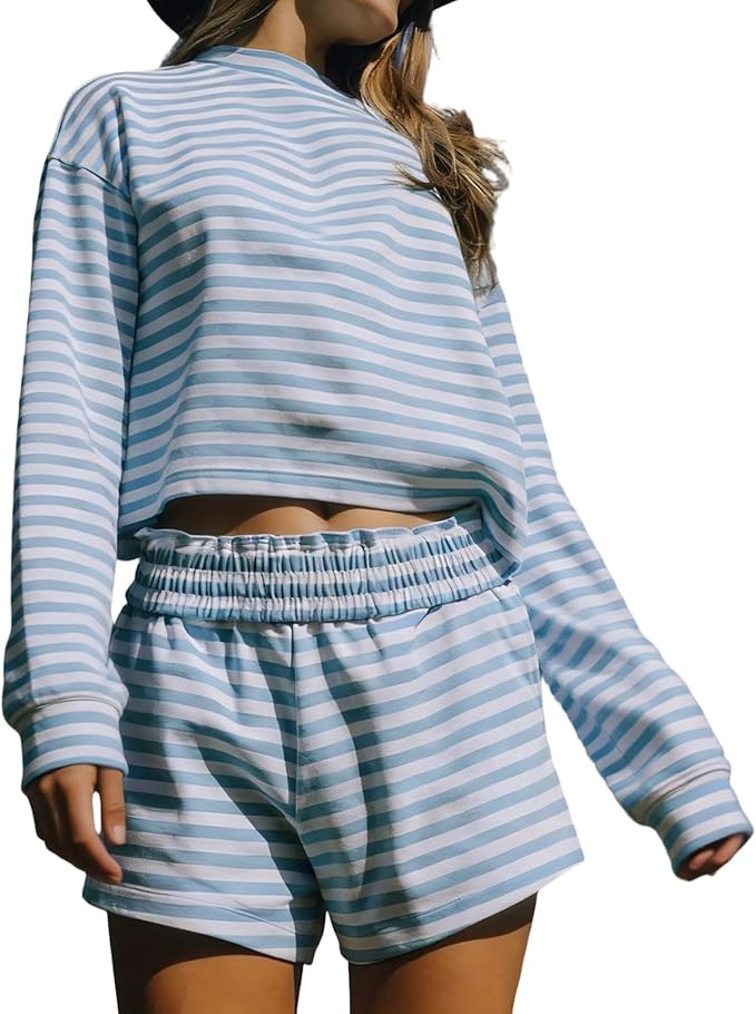 Foidiccx Womens Cotton 2 Piece Striped Crop Tops Shirt Shorts With Pockets Lounge Set Beach Vacat... | Amazon (US)