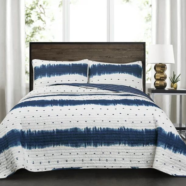Lush Decor Jane Shibori Stripe Cotton Reversible Quilt, Full/Queen, Navy, 3-Pc Set | Walmart (US)