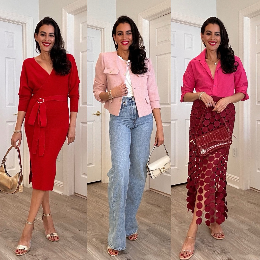 ‼️All sizing and details ⬇️
Outfit 1:
•Size S in red dress. Super stretchy.
•Clip comes in a pack of 3.
•Lipstick 1: Ruby woo and All fired up
•adding similar shoes.
Outfit #2:
•Size M in Tshirt. Size 25x34” in ribcage wide leg jeans. Color far and wide.
Size S in blazer. 
Outfit 3:
Size S in pink shirt. Has pockets on the sides. Size S in skirt.
I’m 5’7” size S -XS | 126 pounds for reference. 


#LTKBeauty #LTKSeasonal #LTKSaleAlert