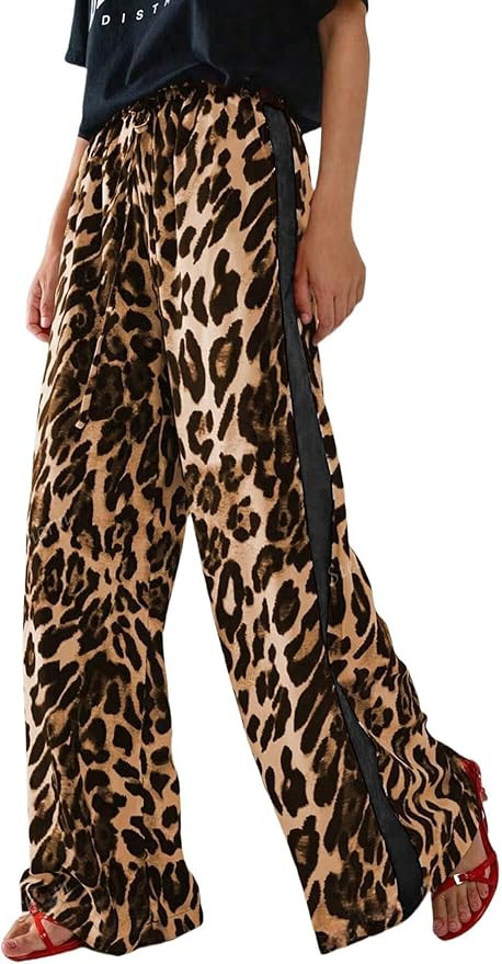 Women's Casual Pants Drawstring Leopard Print Color Block Side Striped Straight Leg Wide Leg Loos... | Amazon (US)