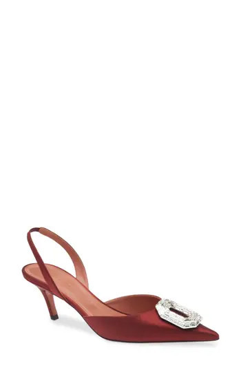 Amina Muaddi Camelia Crystal Buckle Slingback Pump in Satin Wine White Buckle at Nordstrom Rack, Size 5Us / 35Eu | Nordstrom Rack
