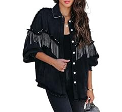 Daacee Casual Frayed Tassel Black Denim Jacket for Women Fashion Fringe Rhinestone Cowgirl Jean C... | Amazon (US)