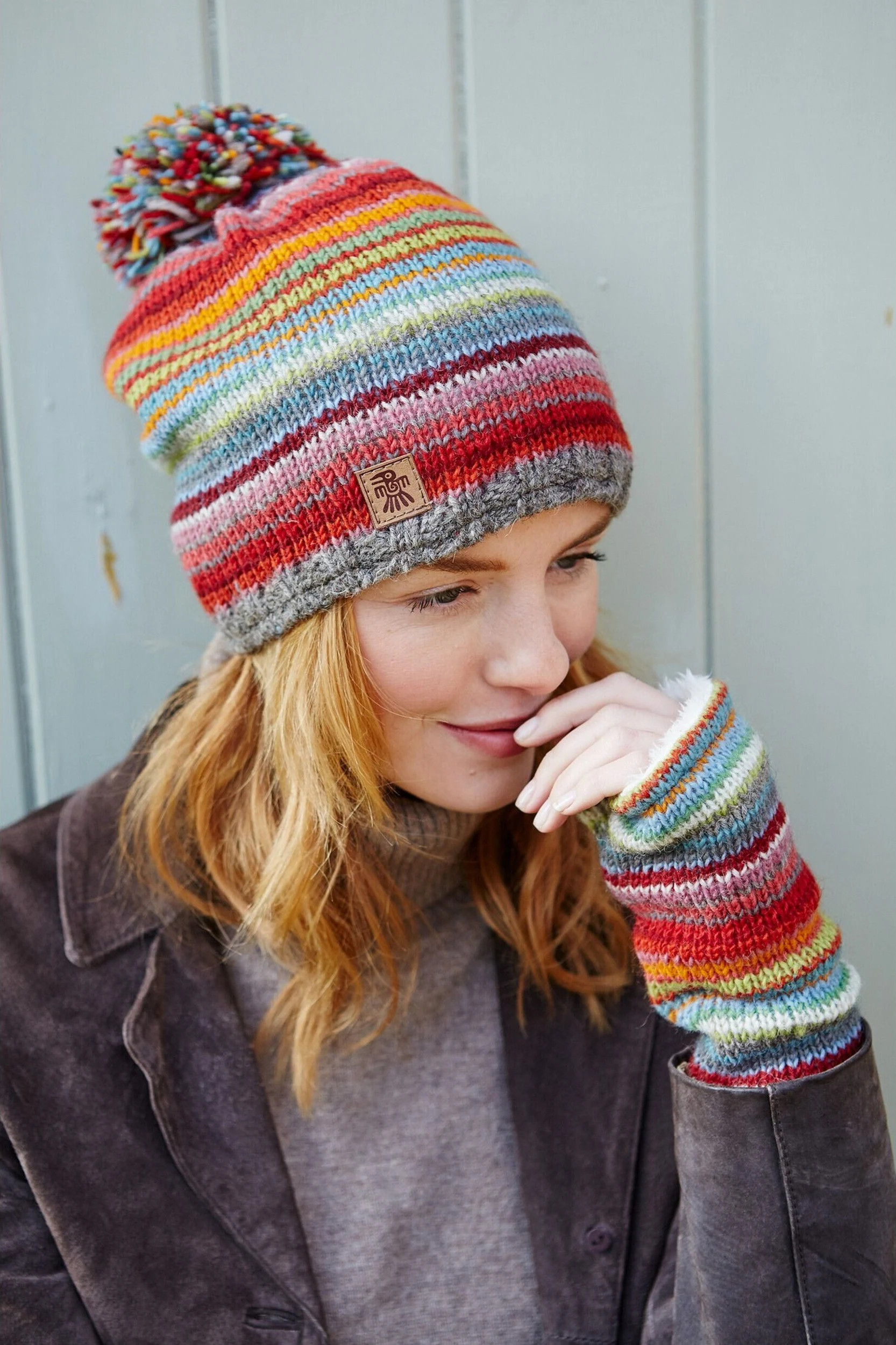 Women's Knitted Sunrise Stripe Bobble Beanie, Headband, Handwarmers - 100% Wool | Pachamama | Etsy (Global)