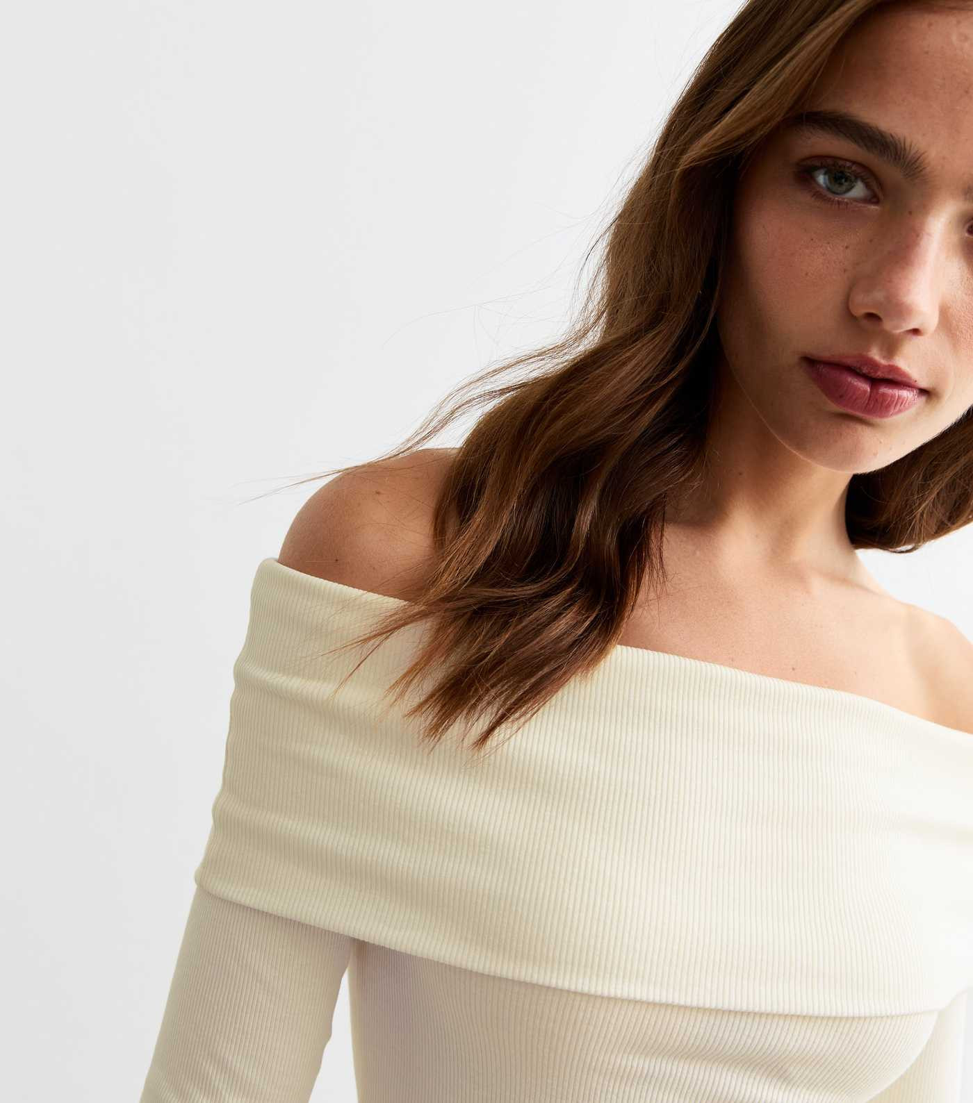 Off White Ribbed Foldover Bardot Top | New Look | New Look (UK)