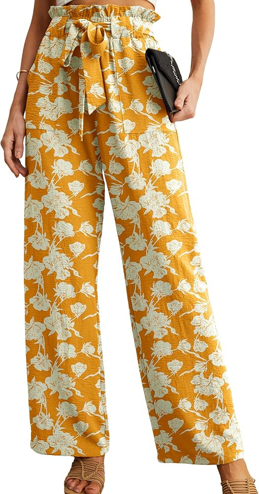 IWOLLENCE Women's Wide Leg Pants with Pockets High Waist Adjustable Knot Loose Casual Trousers Bu... | Amazon (US)