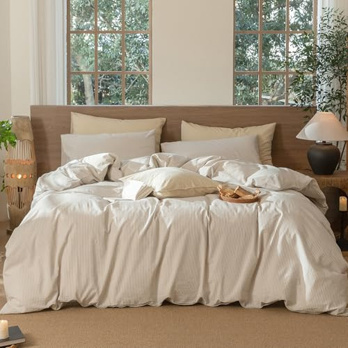 MooMee Striped Duvet Cover Set 100% Washed Cotton Linen Like Textured Breathable Durable Soft Comfy (Tannish Linen Grey White Pinstripes, Alaska King 132"x120") | Amazon (US)