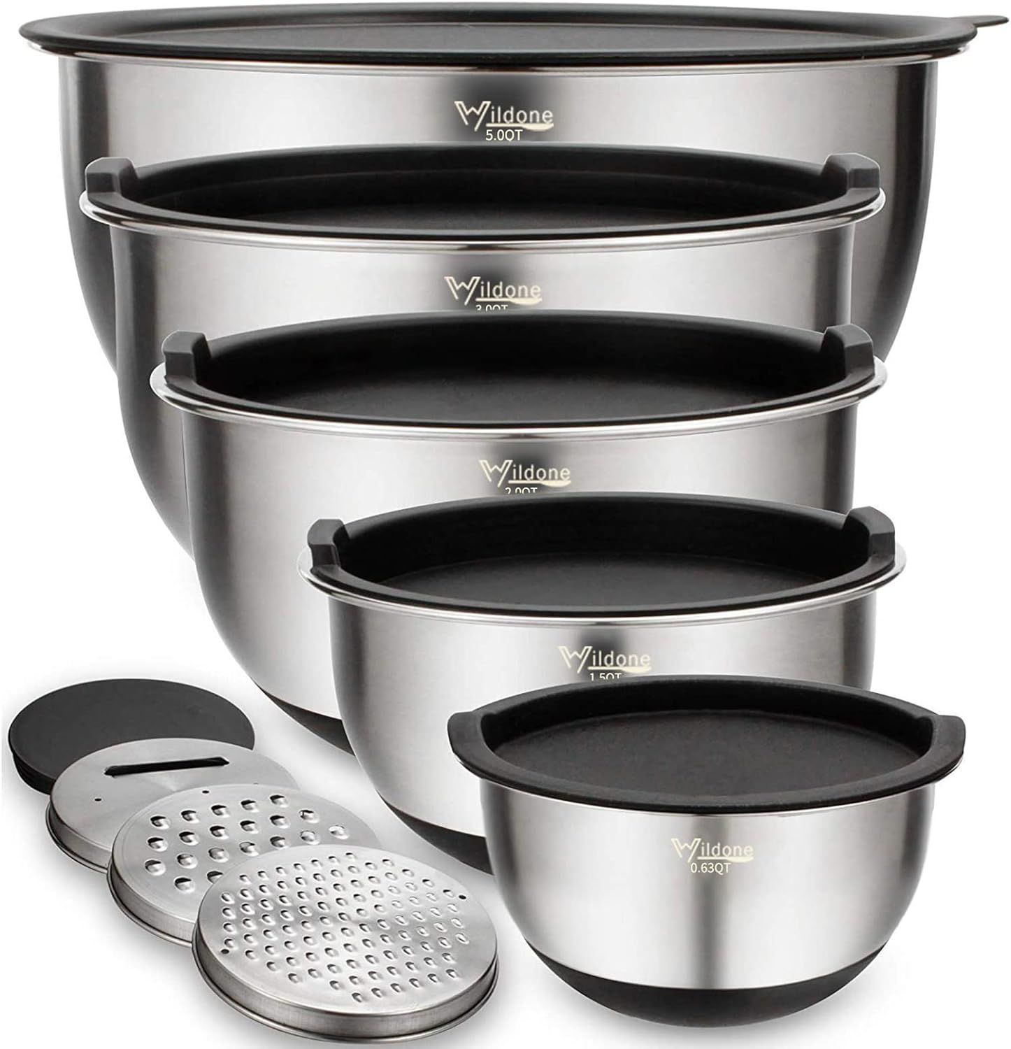 Wildone Mixing Bowls Set of 5, Stainless Steel Nesting Bowls with Lids, 3 Grater Attachments, Mea... | Amazon (US)