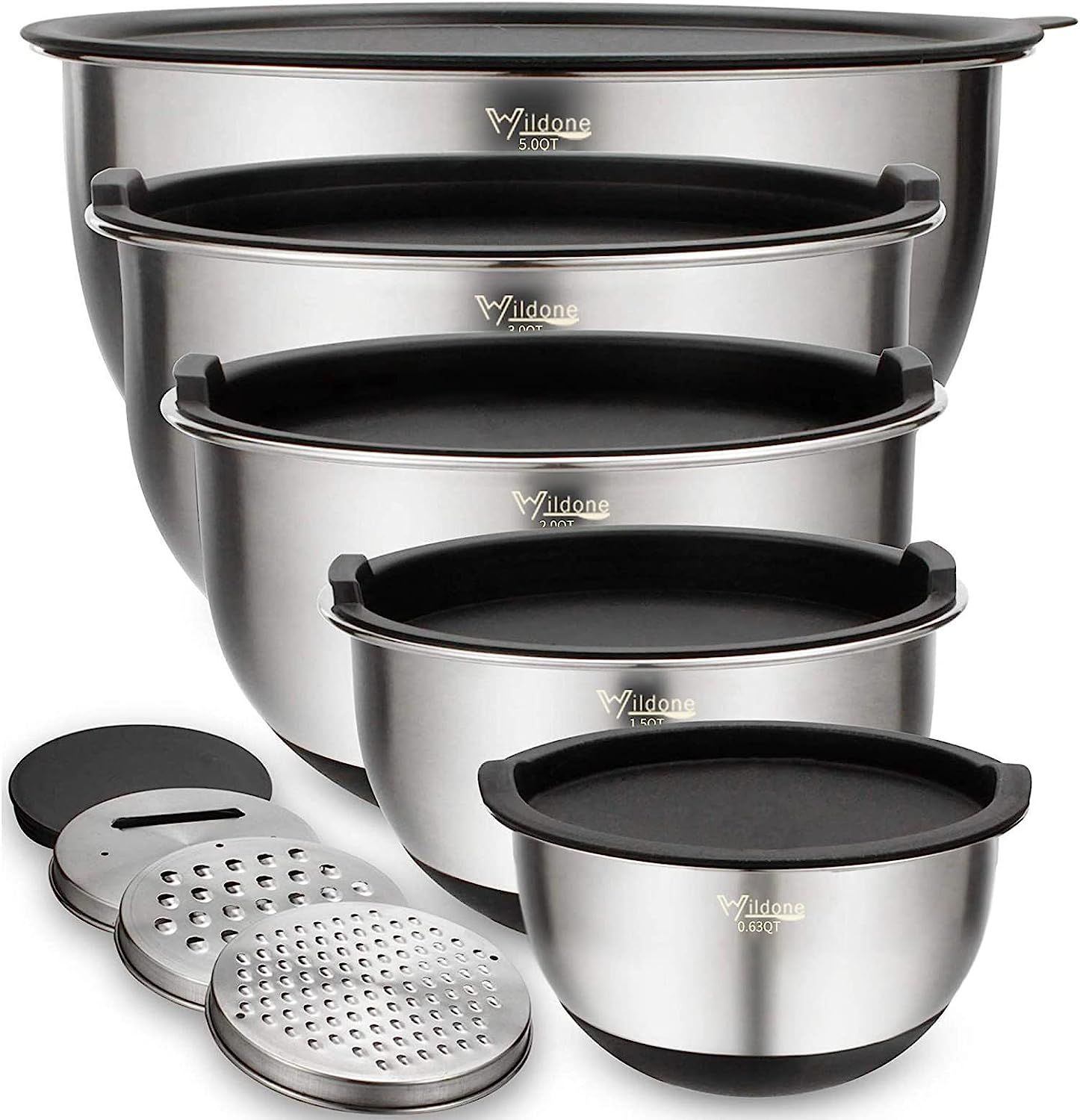 Wildone Mixing Bowls Set of 5, Stainless Steel Nesting Bowls with Airtight Lids, 3 Grater Attachm... | Amazon (US)