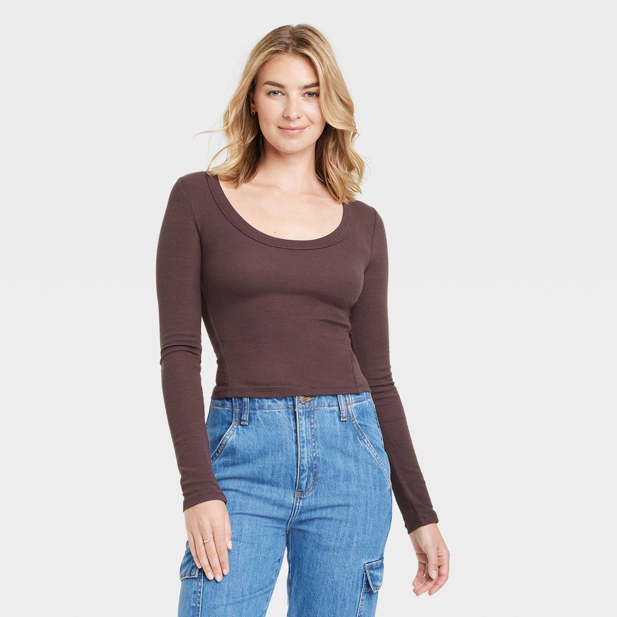 Women's Long Sleeve Ribbed Scoop Neck T-Shirt - Universal Thread™  Brown XL | Target