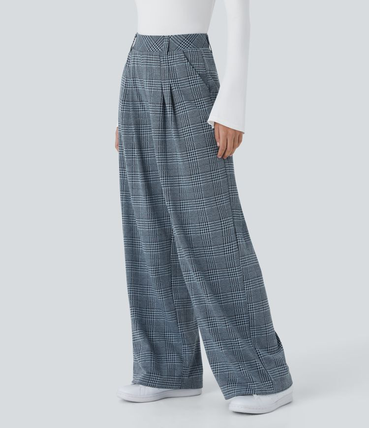 Women’s High Waisted Pocket Wide Leg Houndstooth Plaid Casual Pants - Halara | HALARA