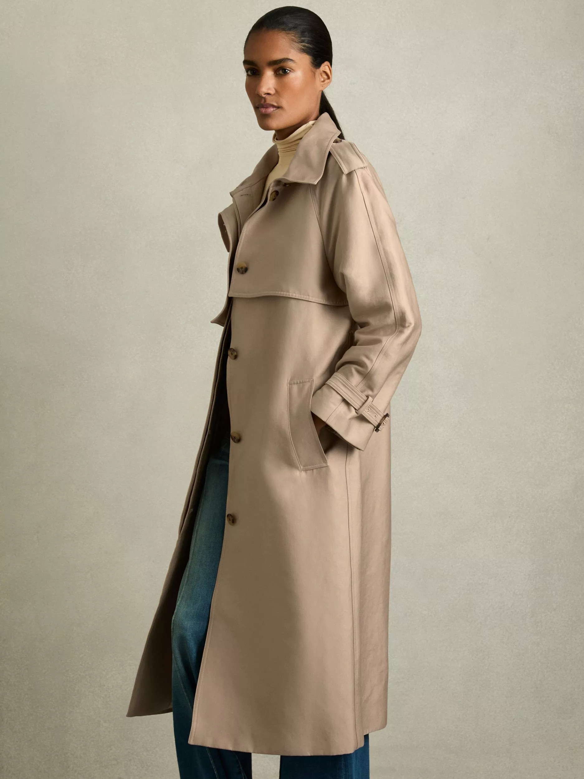 Reiss Petite August Single Breasted Trench Coat, Beige | John Lewis (UK)