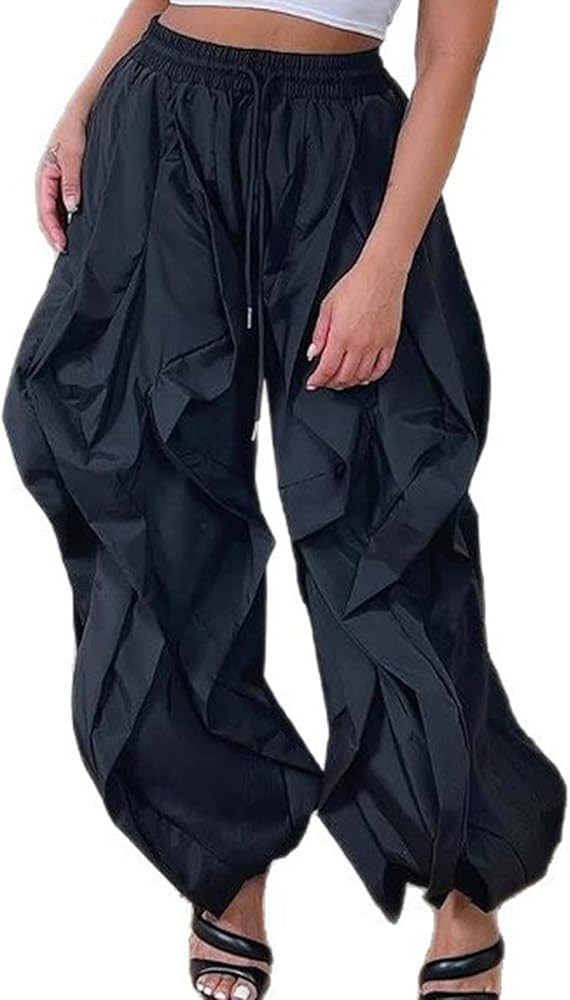 Women Casual Baggy Cargo Pants Trendy High Waisted Ruffle Patchwork Long Trousers with Drawstring | Amazon (US)