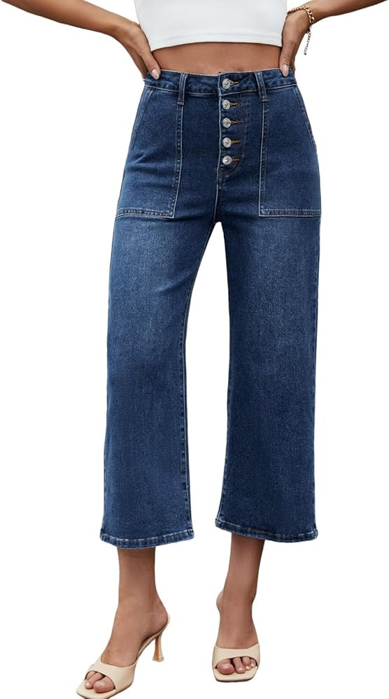 Genleck Women's Wide Leg Jeans – Cropped High Waisted Petite Trendy Jeans Button Stretchy Capri... | Amazon (US)