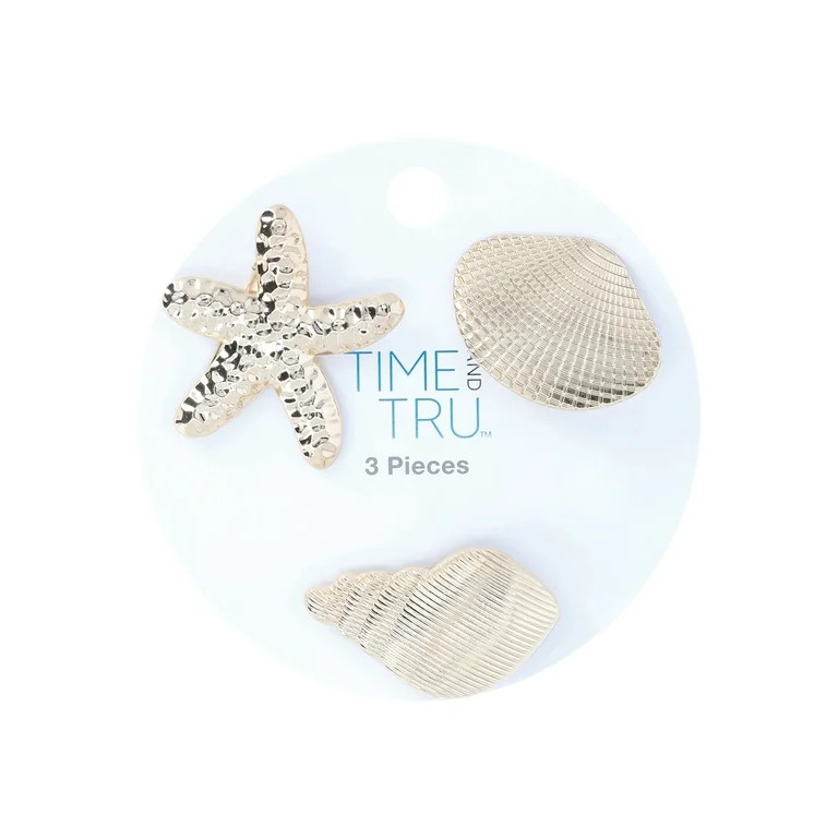 Time and Tru Women’s Gold Tone Metal Sealife Hair Clips Set, 3-Piece | Walmart (US)