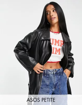 ASOS DESIGN Petite longline oversized faux leather moto jacket in black | ASOS (Global)