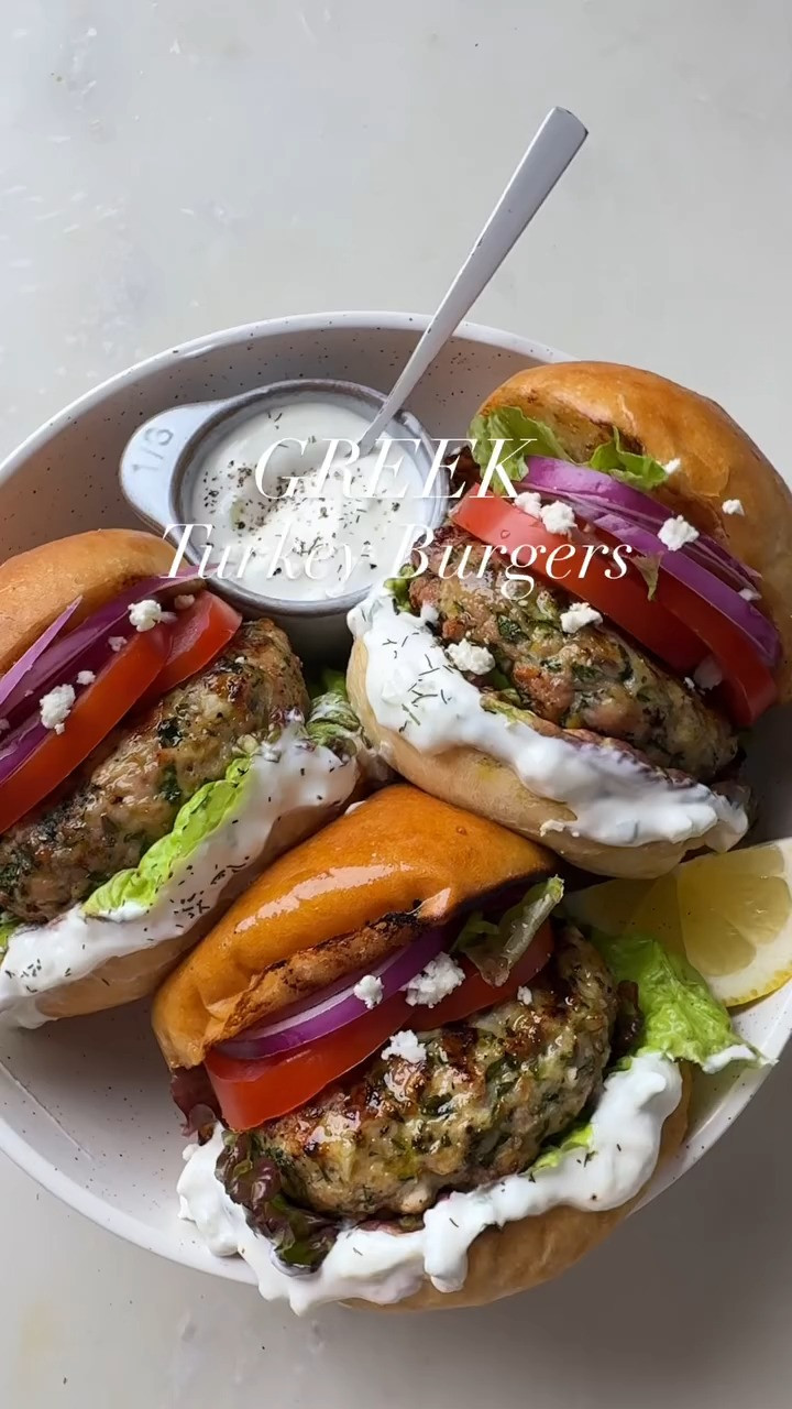 GREEK TURKEY BURGERS

These Greek Turkey Burgers will be your new summer obsession! They’re juicy, flavorful, and loaded with feta, lemon, herbs, and veggies. Topped with tzatziki, lettuce, tomato, red onion, and served on a toasted bun!

They are easy, protein-packed, and so delicious! Save this one and make it for your next weeknight dinner or BBQ! Your friends and family will love them!🔥 Full recipe on my blog: https://www.twopeasandtheirpod.com/greek-turkey-burgers/ 

 #LTKHome #LTKFindsUnder50 #LTKFindsUnder100