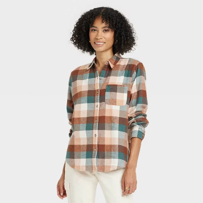 Women's Relaxed Fit Long Sleeve Flannel Button-Down Shirt - Universal Thread™ Brown Pla... | Target