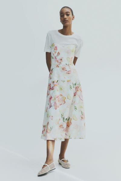 Linen-blend bandeau dress - White/Floral - Ladies | H&M GB | H&M (UK, MY, IN, SG, PH, TW, HK)