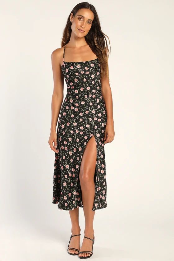 Moment of Chic Black and Pink Floral Print Satin Lace-Up Dress | Lulus (US)
