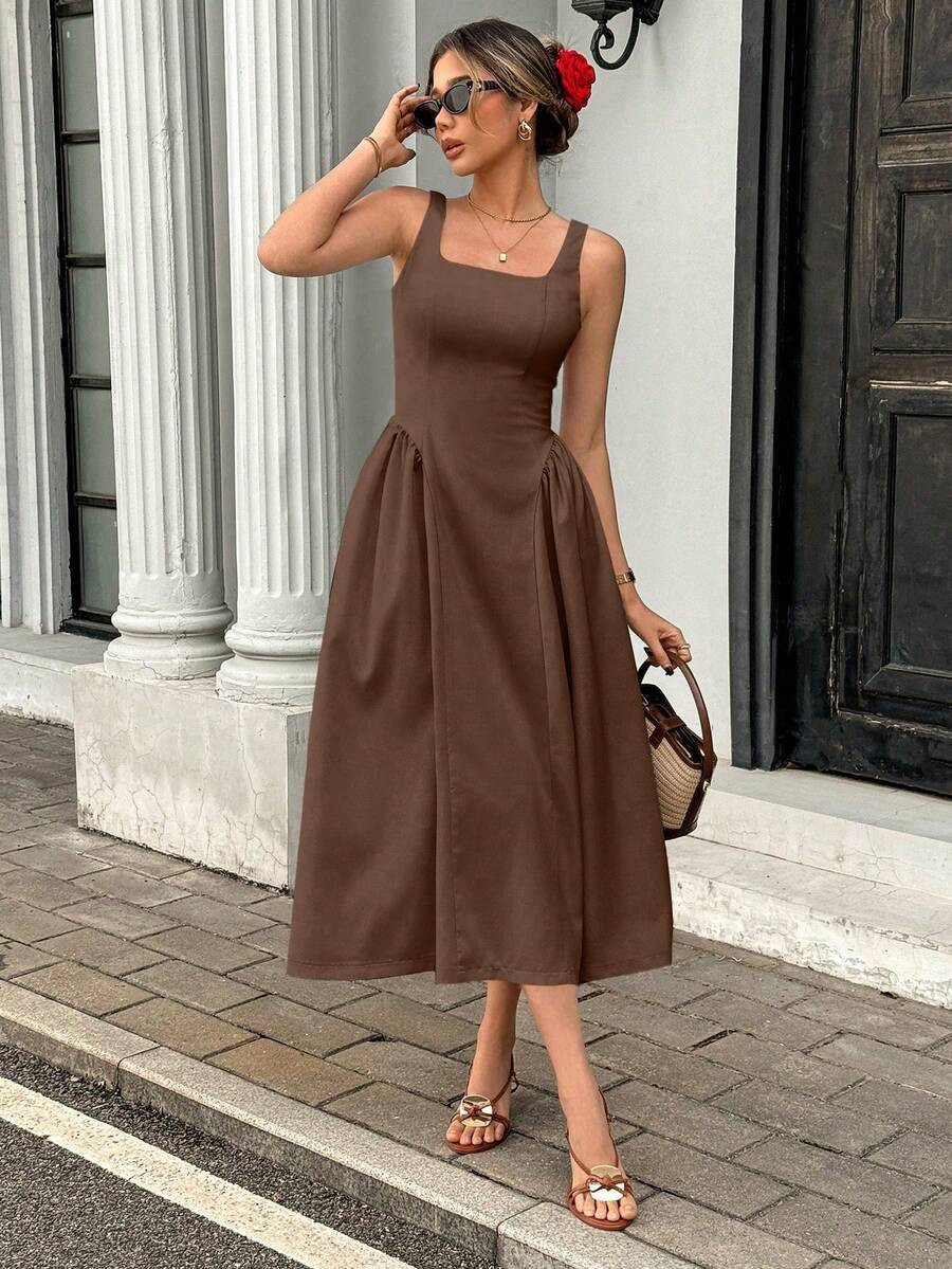 LocalPariaura Women's Solid Color Square Neck Sleeveless Elegant Pleated Maxi Dress | SHEIN