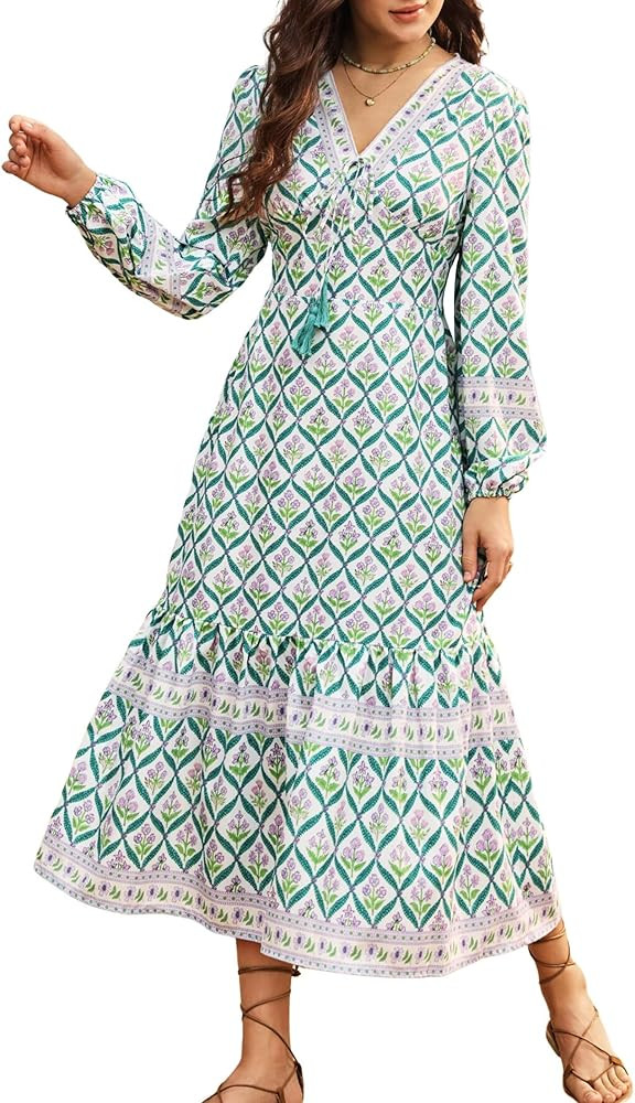 Womens Maxi Boho Dresses Floral Print Summer V Neck 2025 Flowy Tassel Long Casual Dress with Long... | Amazon (US)