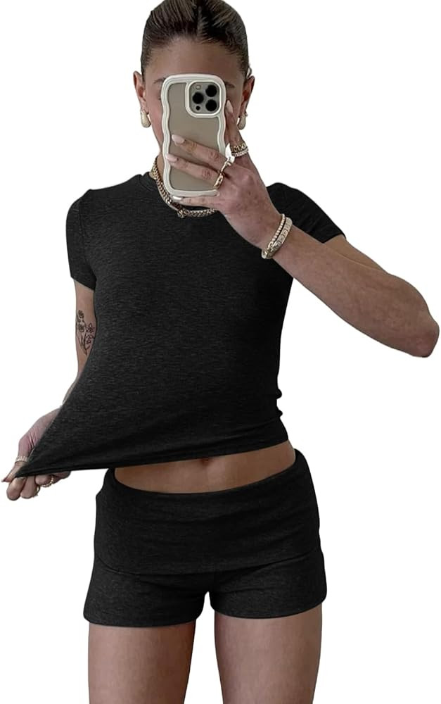 ZFLM Casual Workout Two Piece Outfits for Women Short Sleeve Crop High Waist Foldover Shorts Trac... | Amazon (US)