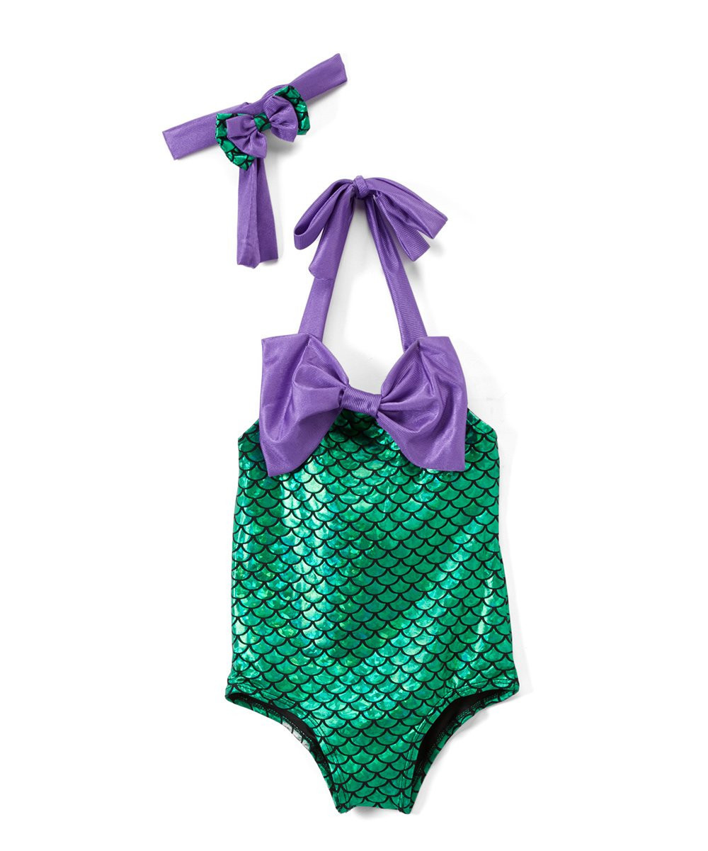 Wenchoice Girls' One Piece Swimsuits GREEN, - Green & Purple One-Piece & Bow Headband - Infant, Todd | Zulily