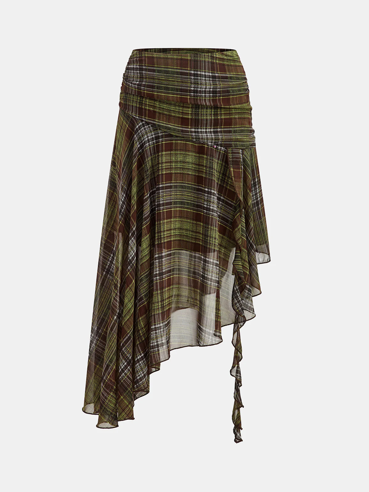 Plaid Chiffon Asymmetric Midi Skirt | Commense