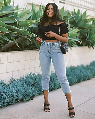Super High Waisted 4-Way Hyper Stretch Raw Hem Straight Jeans | Express