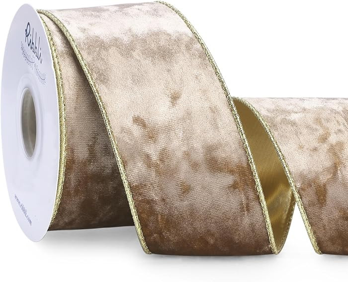 Ribbli Camel Velvet Wired Ribbon 2.5 Inch Metallic Khaki Gold Crushed Velvet Christmas Ribbon for... | Amazon (US)