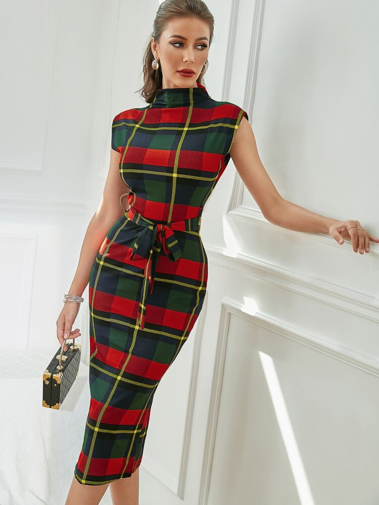 Plaid Self Tie Bodycon Dress | SHEIN