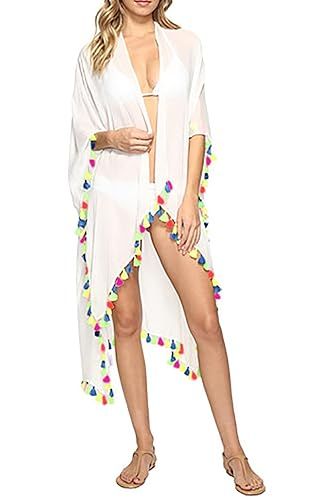 JOXJOZ Women's Chiffon Tassels Summer Beach Cardigan Swimsuit Cover-Ups Swimwear Beachwear | Amazon (US)