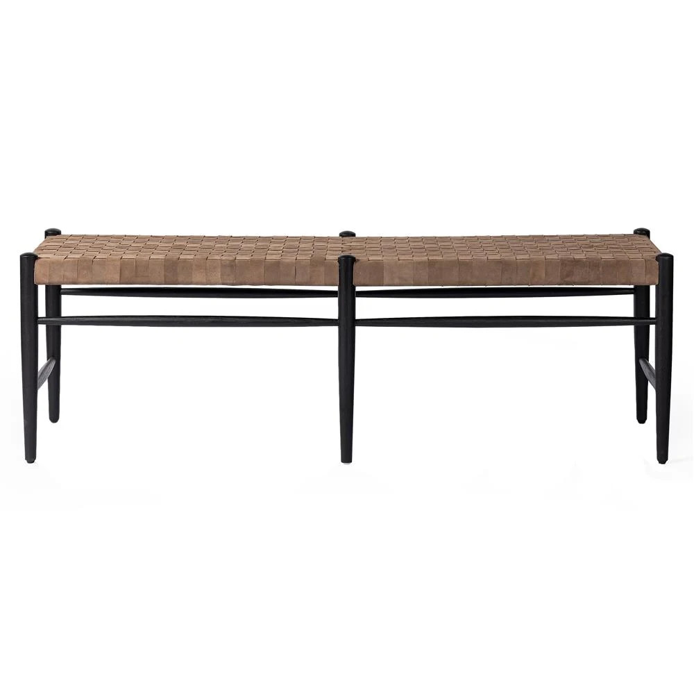 Lara Coastal Beach Brown Woven Leather Seat Black Oak Wood Frame Bench | Kathy Kuo Home