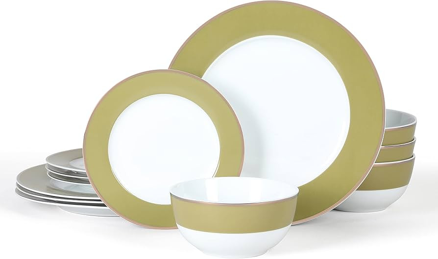Martha Stewart Gracie Lane Porcelain Decorated Dinnerware Set - Olive Green w/Gold Rim, Service f... | Amazon (US)
