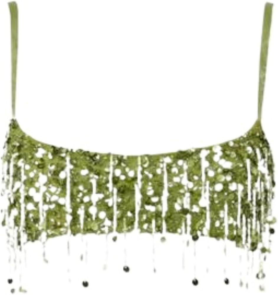 Sequin Sets for Women 2 Pieces Vacation Set Sequin Halter Fringe Skirt Cocktail Beach Outfits | Amazon (US)