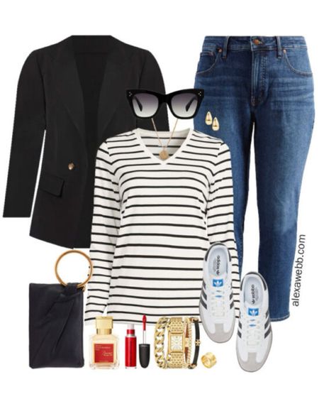 Plus Size Stripes and Blazer Outfits - A plus size casual outfit with jeans, a blazer, and striped tee. Alexa Webb

#LTKplussize #LTKshoecrush #LTKstyletip