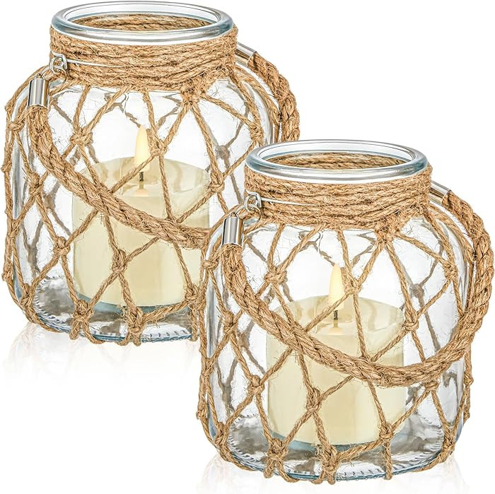 2 Set Nautical Candle Lantern with Rope Handle Coastal Glass Jar Battery Operated LED Flameless L... | Amazon (US)