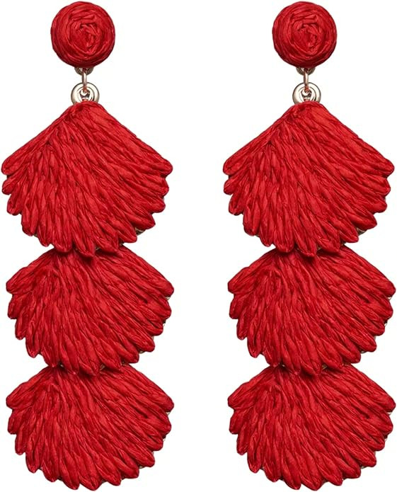 Raffia Dangle Earrings for Women - Boho Statement Rattan Drop Jewelry with Shell Design, Lightwei... | Amazon (US)