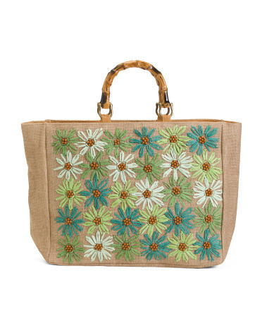 Crochet Beaded Floral Tote With Bamboo Handles For Women | TJ Maxx