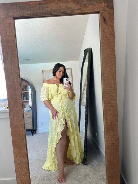 Free people wedding guest dress! Wearing a size large in this yellow high low dress with sleeves 

#LTKWedding #LTKStyleTip #LTKMidsize
