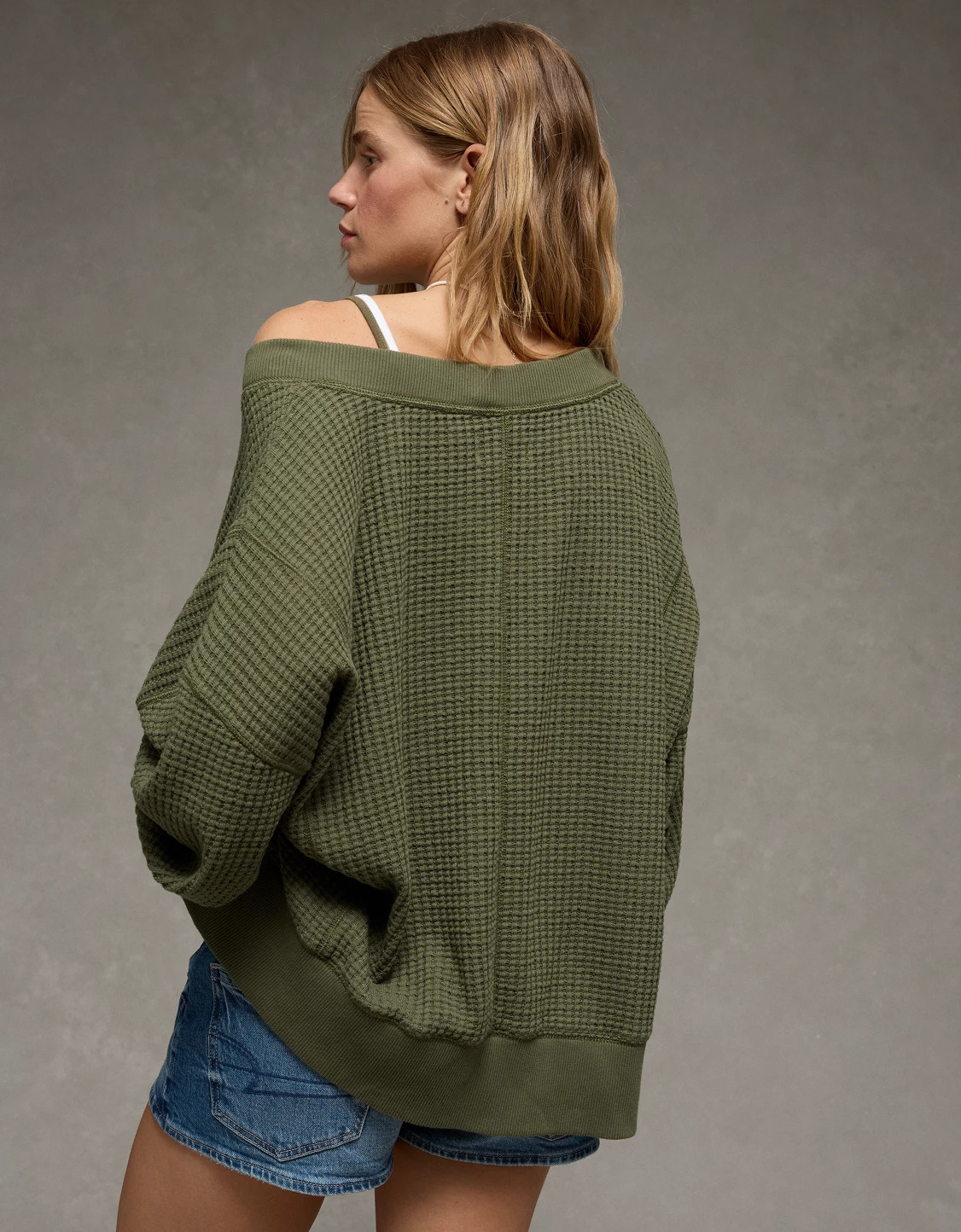 AE Big Hug V-Neck Waffle Sweatshirt | American Eagle Outfitters (US & CA)