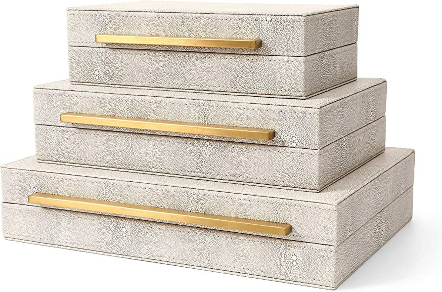 Kingflux Faux Ivory Shagreen Leather Set of 3 Pcs Decorative Boxes, Storage Boxes Jewelry Organiz... | Amazon (US)