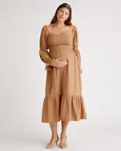 Organic Cotton Gauze Maternity Smocked Ruffle Hem Midi Dress | Quince