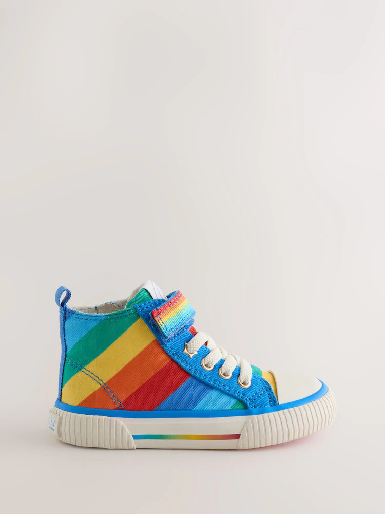 Little Bird by Jools Oliver Blue Bright Rainbow Striped Canvas Hi-Top Trainers | Next US