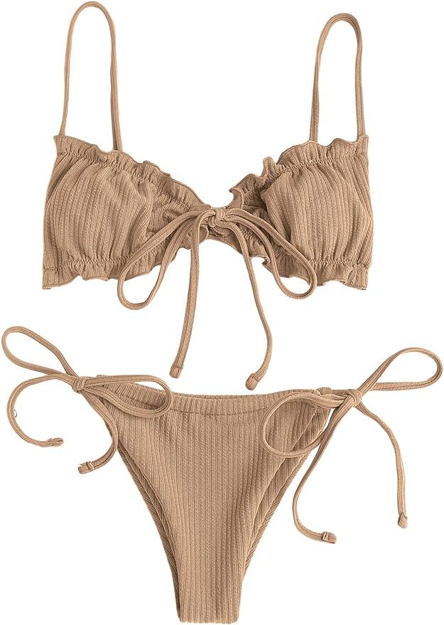 GORGLITTER Women's G String Thong Swimsuit Triangle High Cut Ribbed Knit Bikini Set Bathing Suits | Amazon (US)