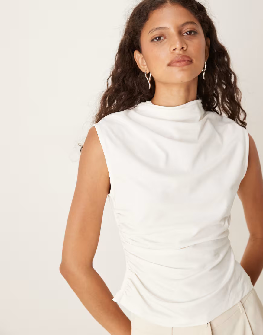ASOS DESIGN high neck drape top with cinched waist in ivory-White | ASOS (Global)