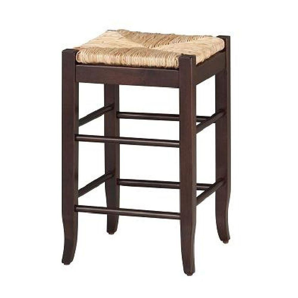 Benjara 14.5 in. H Beige and Dark Brown Rush Woven Wooden Frame Counter Stool with Saber Legs, Brown | The Home Depot