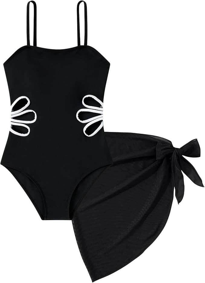 Girls One Piece Swimsuit Bathing Suit with Cover Up Size 7-16 | Cut-out design, Adjustable spaghe... | Amazon (US)