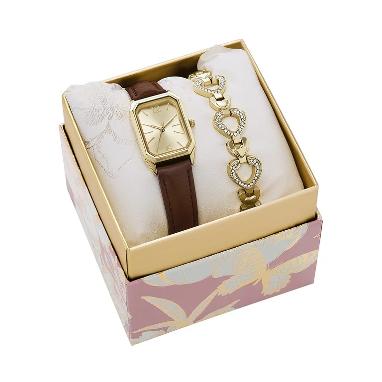 Folio Women’s 2pc Watch & Bracelet Set; 22mm Octagonal Alloy Case, Brown PU Leather Strap, Gold... | Walmart (US)