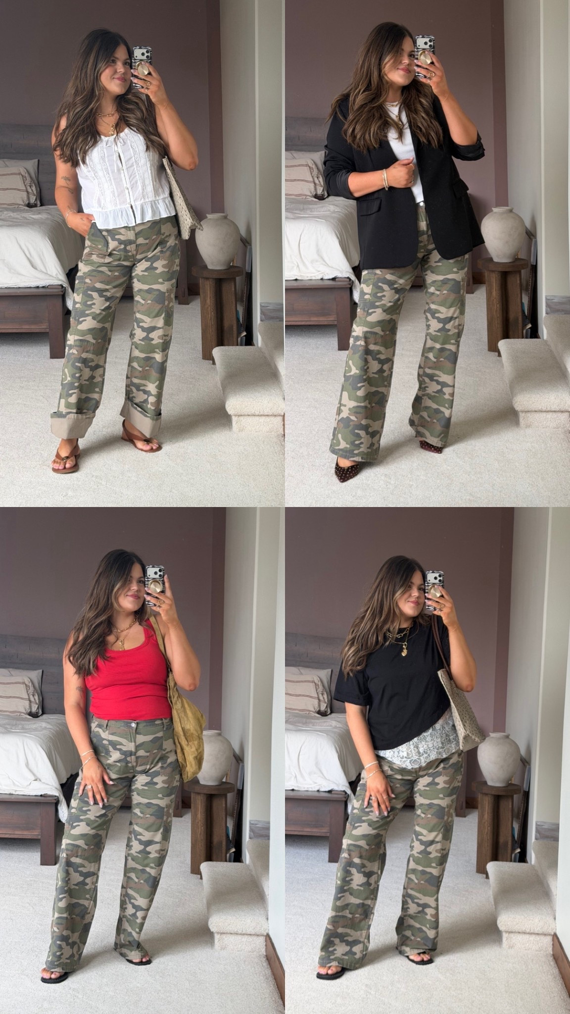 Thick tummy approved spring outfits with camo pants all Mom approved but not “mom vibe”. 

Wearing size large (size 12/14) long in these! 

Soccer mom, sports mom, work outfit, teacher outfit, midsize, postpartum, spring 2026 ￼

